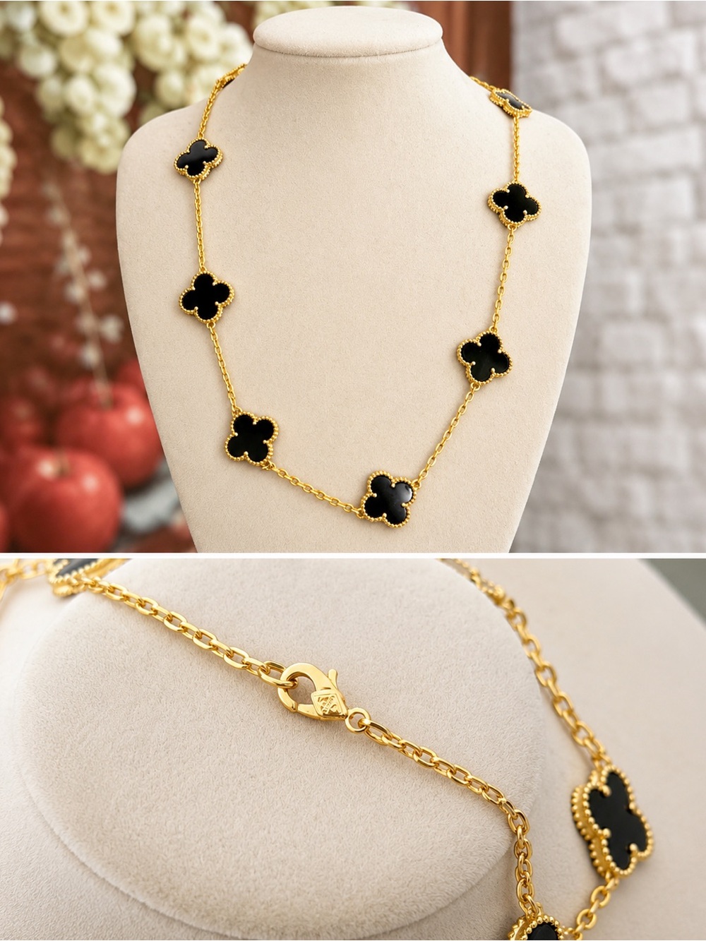 Gold Chain Necklace with Black Four-Leaf Clover Motifs